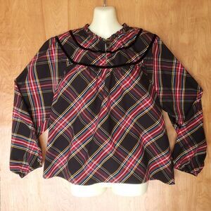 J Crew Factory Stewart Tartan Poplin Top Womens L Black Red Plaid Holiday 2025